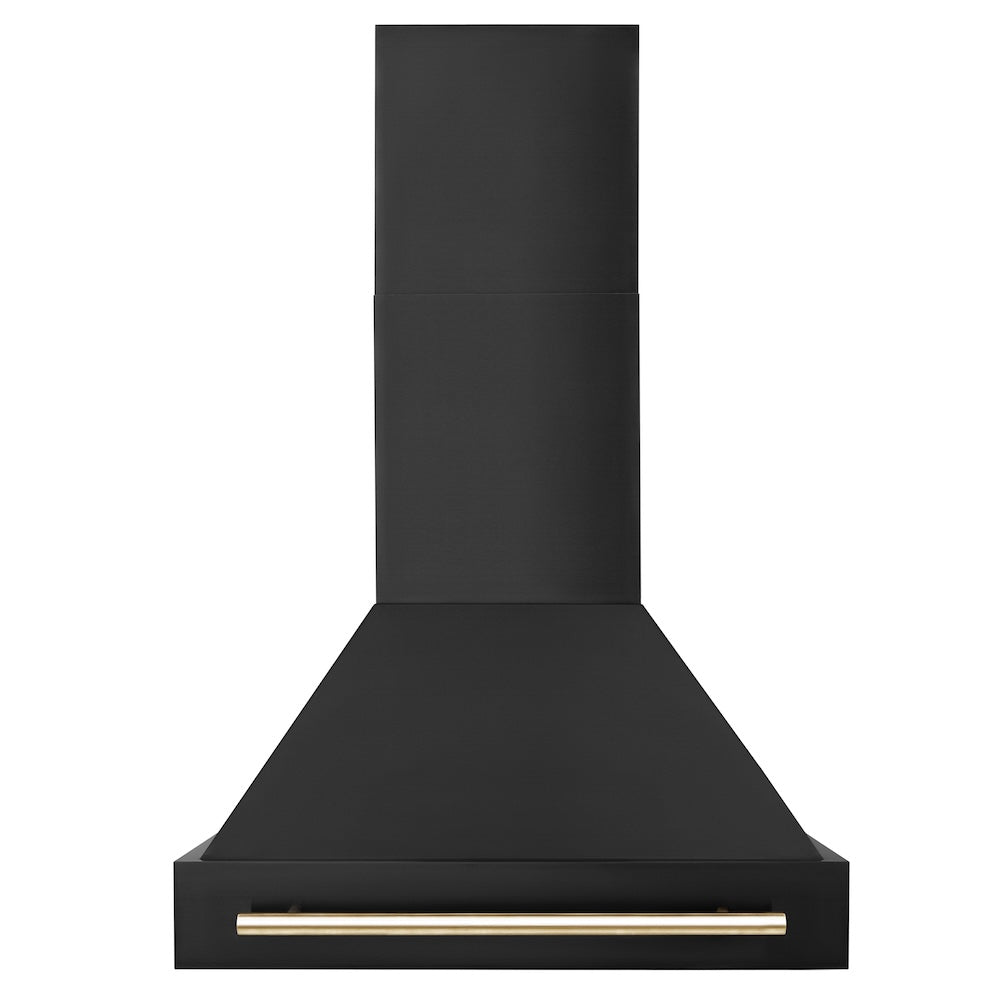 ZLINE Autograph Edition 30 in. Black Stainless Steel Range Hood with Polished Gold Handle (BS655Z-30-G) front.