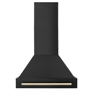 ZLINE Autograph Edition 30 in. Black Stainless Steel Range Hood with Polished Gold Handle (BS655Z-30-G) front.