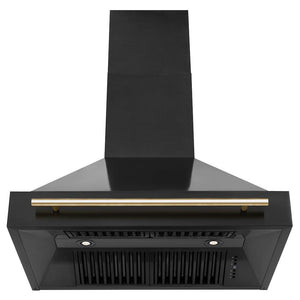 ZLINE Autograph Edition 36 in. Black Stainless Steel Range Hood with Polished Gold Handle (BS655Z-36-G) front, under.