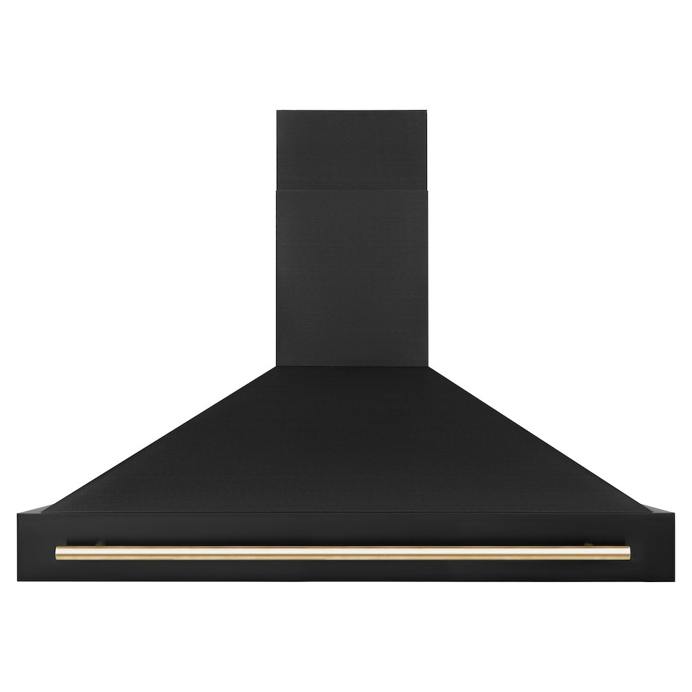 ZLINE 48 in. Black Stainless Steel Range Hood with Polished Gold Handle (BS655Z-48-G) front.