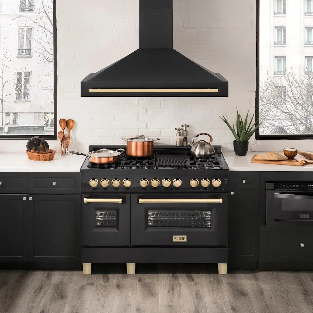 ZLINE 48 in. Black Stainless Steel Range Hood with Polished Gold Handle (BS655Z-48-G) in a luxury kitchen.