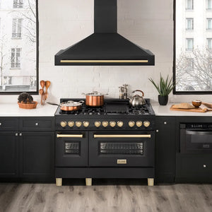 ZLINE 48 in. Black Stainless Steel Range Hood with Polished Gold Handle (BS655Z-48-G) in a luxury kitchen.