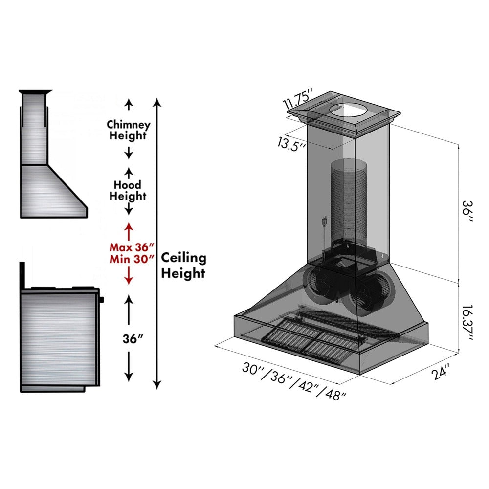 ZLINE 30 in. Designer Series Convertible Vent Wall Mount Range Hood in Oil-Rubbed Bronze (8667B-30) dimensional diagram.