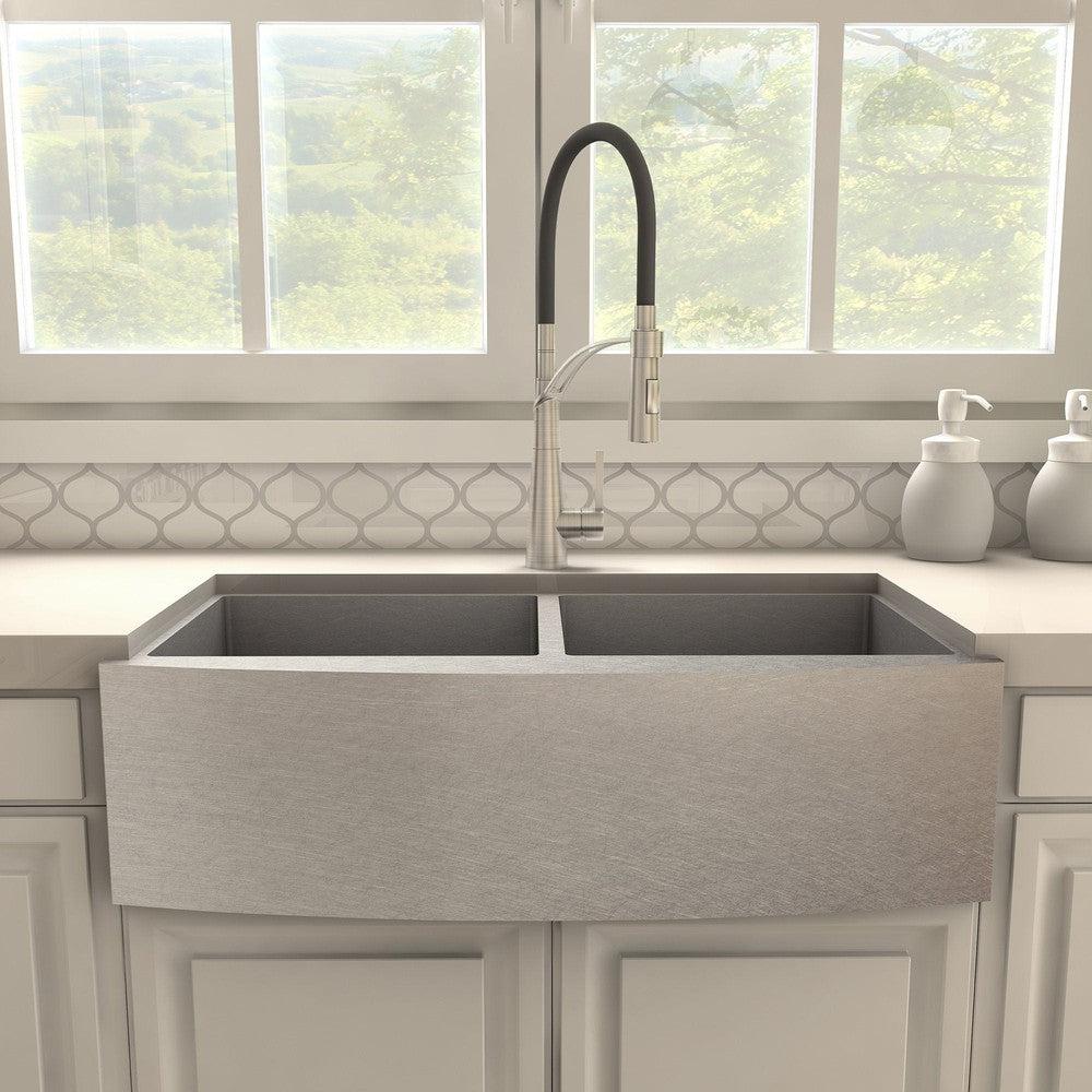 ZLINE Da Vinci Kitchen Faucet in Brushed Nickel (DAV-KF-BN) in a farmhouse kitchen, front.