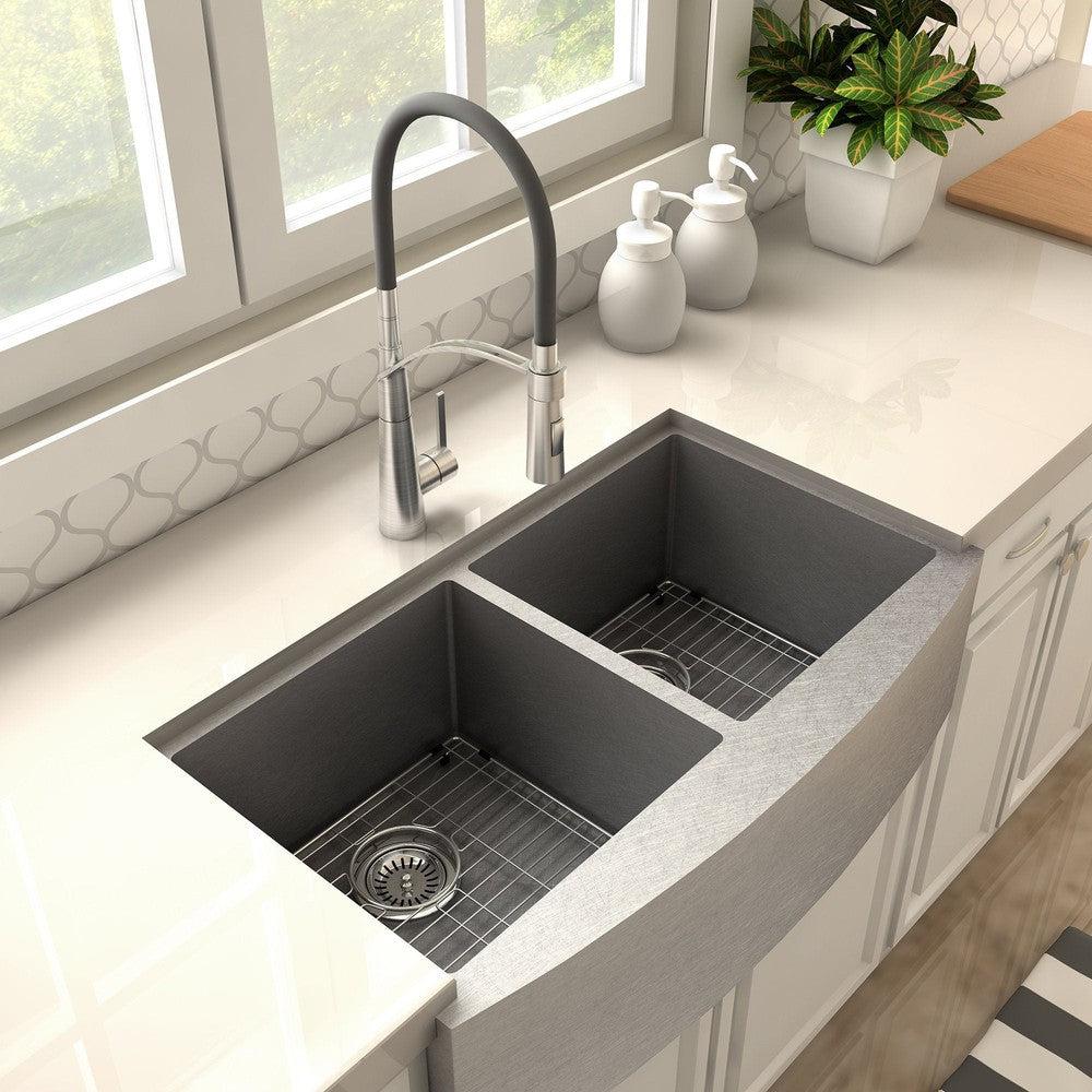 ZLINE Da Vinci Kitchen Faucet in Brushed Nickel (DAV-KF-BN) in a farmhouse kitchen, above.