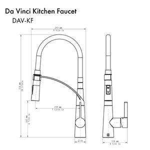 ZLINE Da Vinci Kitchen Faucet in Brushed Nickel (DAV-KF-BN) dimensional diagram.