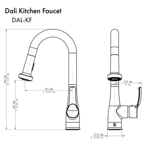 ZLINE Dali Pull Down Kitchen Faucet in Matte Black (DAL-KF-MB) dimensional diagram.