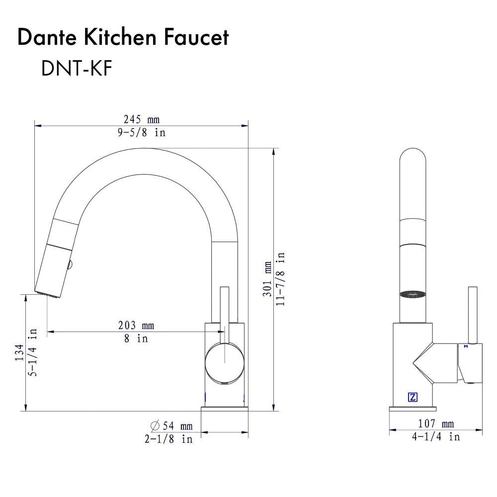 ZLINE Dante Pull Down Kitchen Faucet in Matte Black (DNT-KF-MB) dimensional diagram.