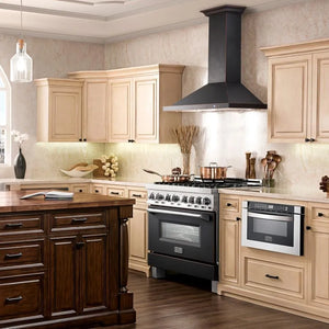 ZLINE Designer Series Convertible Vent Wall Mount Range Hood in Oil-Rubbed Bronze (8KBB) in a rustic kitchen.
