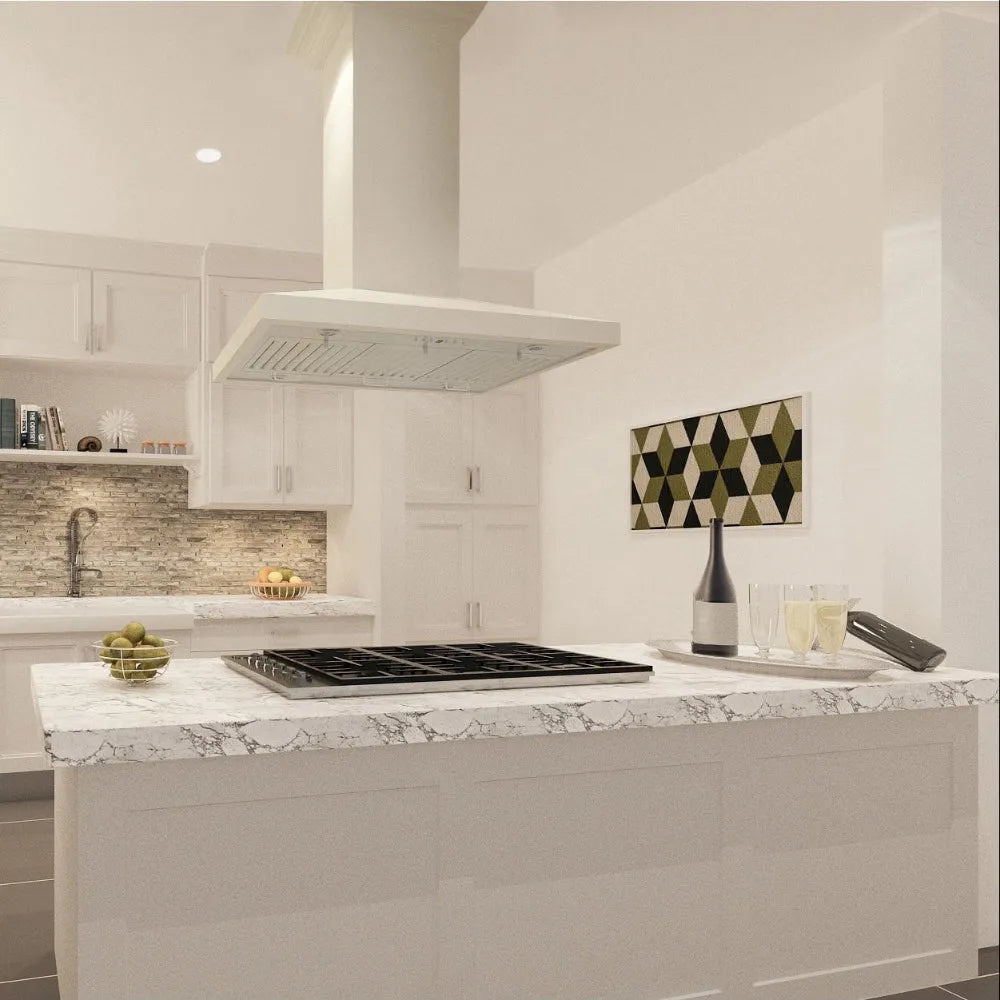 Cottage kitchen with ZLINE 36 in. Convertible Vent Wooden Island Mount Range Hood in Cottage White (KBiTT-36), marble countertop, cooktop, and decorative wall art.