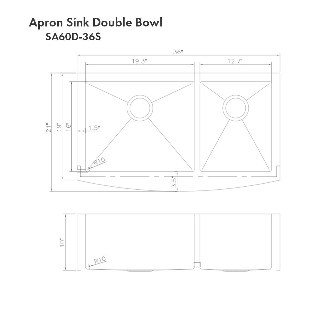 ZLINE Courchevel 36 in. Farmhouse Apron Mount Double Bowl Scratch Resistant Stainless Steel Kitchen Sink with Bottom Grid (SA60D-36S) dimensional diagram.