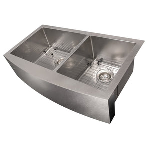 ZLINE Courchevel 36 in. Farmhouse Apron Mount Double Bowl Scratch Resistant Stainless Steel Kitchen Sink with Bottom Grid (SA60D-36S) side, with grate in.