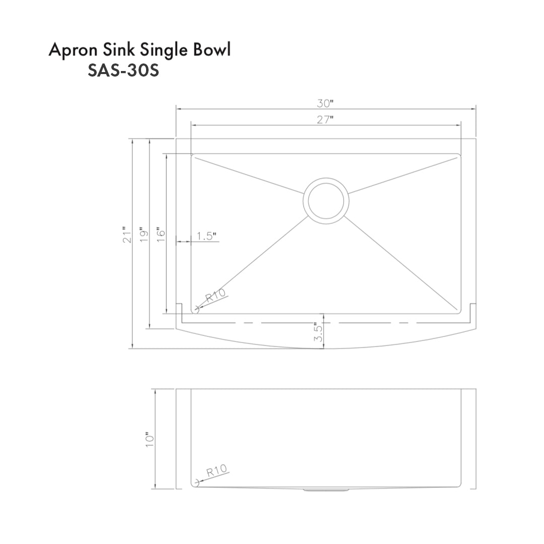 ZLINE Zermatt 30 in. Farmhouse Apron Mount Single Bowl Scratch Resistant Stainless Steel Kitchen Sink with Bottom Grid (SAS-30S) dimensional diagram.