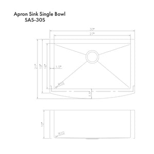 ZLINE Zermatt 30 in. Farmhouse Apron Mount Single Bowl Scratch Resistant Stainless Steel Kitchen Sink with Bottom Grid (SAS-30S) dimensional diagram.