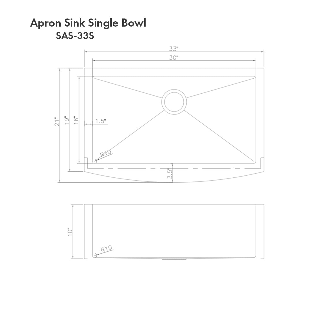 ZLINE Vail 33 in. Farmhouse Apron Mount Single Bowl Stainless Steel Kitchen Sink with Bottom Grid (SAS-33) dimensional diagram.