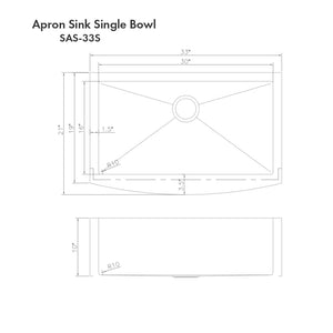 ZLINE Vail 33 in. Farmhouse Apron Mount Single Bowl Stainless Steel Kitchen Sink with Bottom Grid (SAS-33) dimensional diagram.