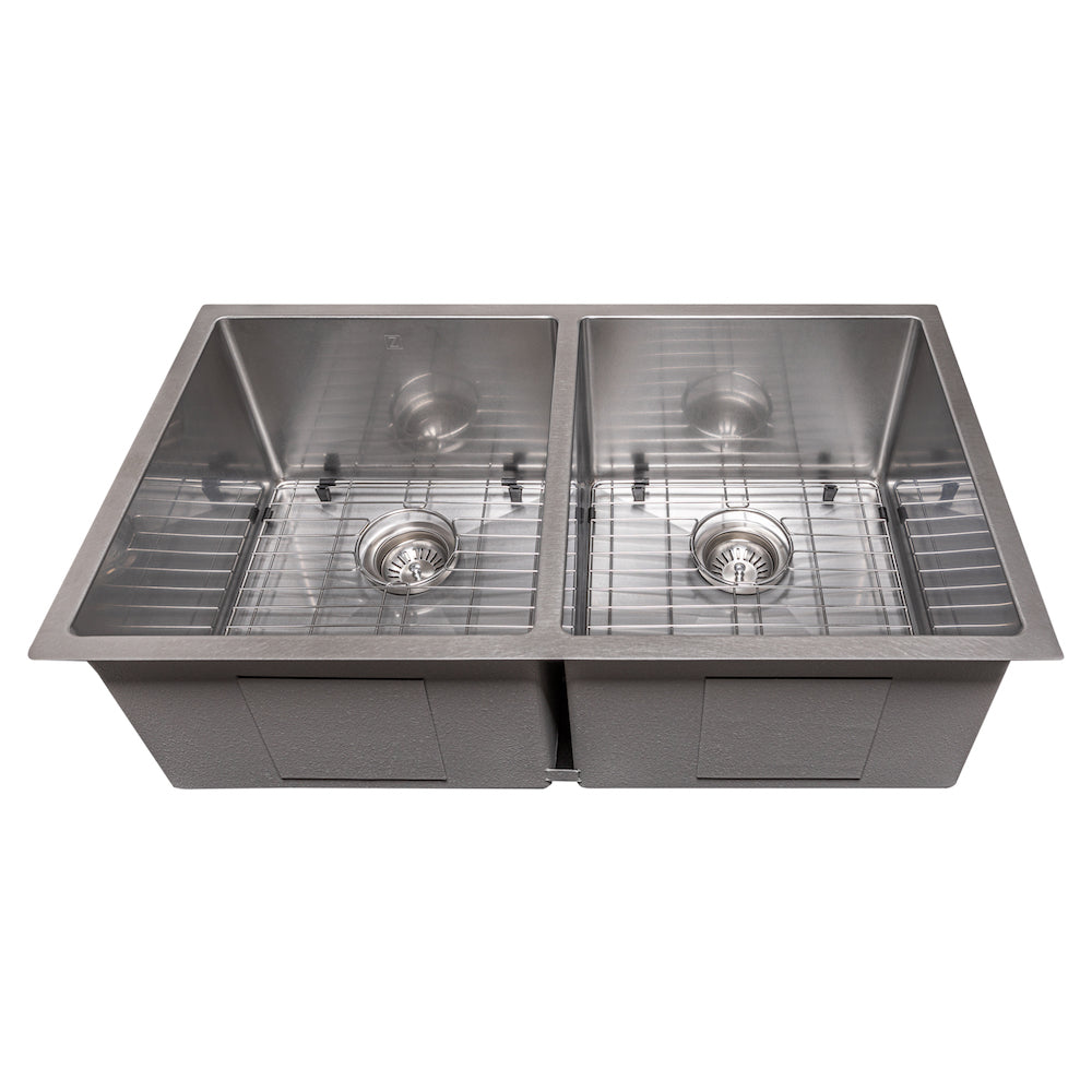 ZLINE Anton 33 in. Undermount Double Bowl Scratch Resistant Stainless Steel Kitchen Sink with Bottom Grid (SR50D-33S) front, with grate.