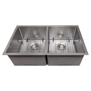 ZLINE Anton 33 in. Undermount Double Bowl Scratch Resistant Stainless Steel Kitchen Sink with Bottom Grid (SR50D-33S) front, with grate.