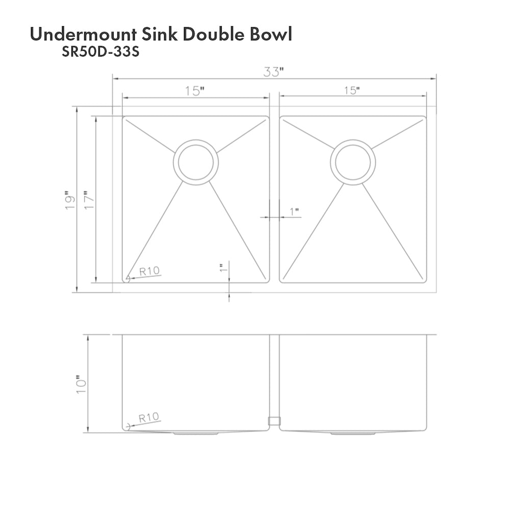 ZLINE Anton 33 in. Undermount Double Bowl Scratch Resistant Stainless Steel Kitchen Sink with Bottom Grid (SR50D-33S) dimensional diagram.