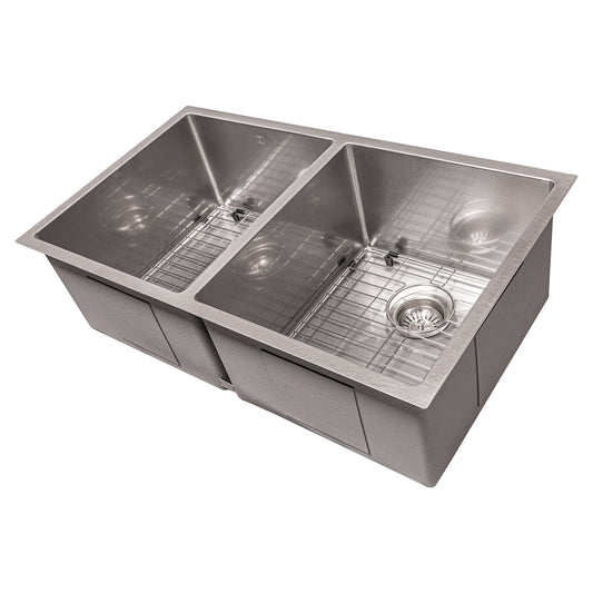 ZLINE Anton 33 in. Undermount Double Bowl Scratch Resistant Stainless Steel Kitchen Sink with Bottom Grid (SR50D-33S) side, with grate in.