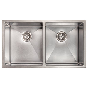 ZLINE Anton 33 in. Undermount Double Bowl Scratch Resistant Stainless Steel Kitchen Sink with Bottom Grid (SR50D-33S) overhead, no grate.