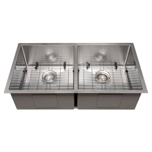 ZLINE Anton 36 in. Undermount Double Bowl Scratch Resistant Stainless Steel Kitchen Sink with Bottom Grid (SR50D-36S) front, with grate.