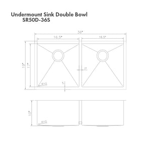 ZLINE Anton 36 in. Undermount Double Bowl Scratch Resistant Stainless Steel Kitchen Sink with Bottom Grid (SR50D-36S) dimensional diagram.