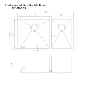 ZLINE Chamonix 33 in. Undermount Double Bowl Scratch Resistant Stainless Steel Kitchen Sink with Bottom Grid (SR60D-33S) dimensional diagram.