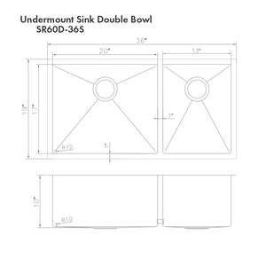 ZLINE Chamonix 36 in. Undermount Double Bowl Scratch Resistant Stainless Steel Kitchen Sink with Bottom Grid (SR60D-36S) dimensional diagram.