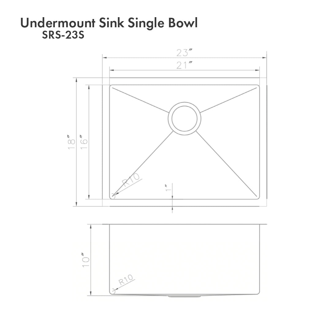 ZLINE Meribel 23 in. Undermount Single Bowl Scratch Resistant Stainless Steel Kitchen Sink with Bottom Grid (SRS-23S) dimensional diagram.