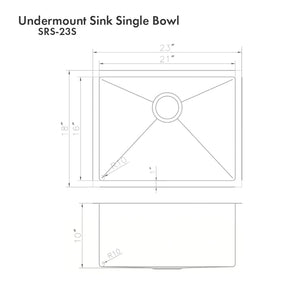 ZLINE Meribel 23 in. Undermount Single Bowl Scratch Resistant Stainless Steel Kitchen Sink with Bottom Grid (SRS-23S) dimensional diagram.