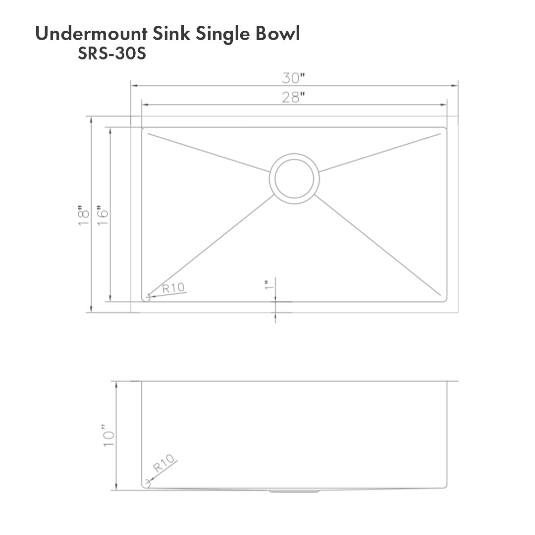 ZLINE Meribel 30 in. Undermount Single Bowl Scratch Resistant Stainless Steel Kitchen Sink with Bottom Grid (SRS-30S) dimensional diagram.