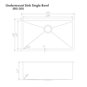 ZLINE Meribel 30 in. Undermount Single Bowl Scratch Resistant Stainless Steel Kitchen Sink with Bottom Grid (SRS-30S) dimensional diagram.