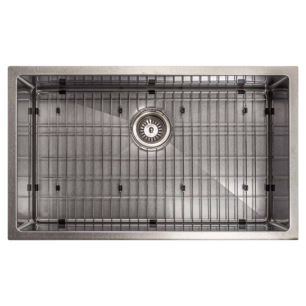 ZLINE Meribel 30 in. Undermount Single Bowl Scratch Resistant Stainless Steel Kitchen Sink with Bottom Grid (SRS-30S) overhead, with grate.