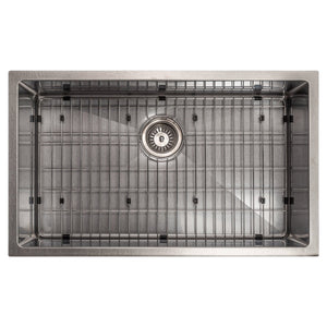 ZLINE Meribel 30 in. Undermount Single Bowl Scratch Resistant Stainless Steel Kitchen Sink with Bottom Grid (SRS-30S) overhead, with grate.