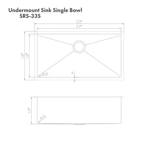 ZLINE Meribel 33 in. Undermount Single Bowl Scratch Resistant Stainless Steel Kitchen Sink with Bottom Grid (SRS-33S) dimensional diagram.