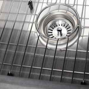 ZLINE Meribel 36 in. Undermount Single Bowl Scratch Resistant Stainless Steel Kitchen Sink with Bottom Grid (SRS-36S) sink base with grid and basket strainer.