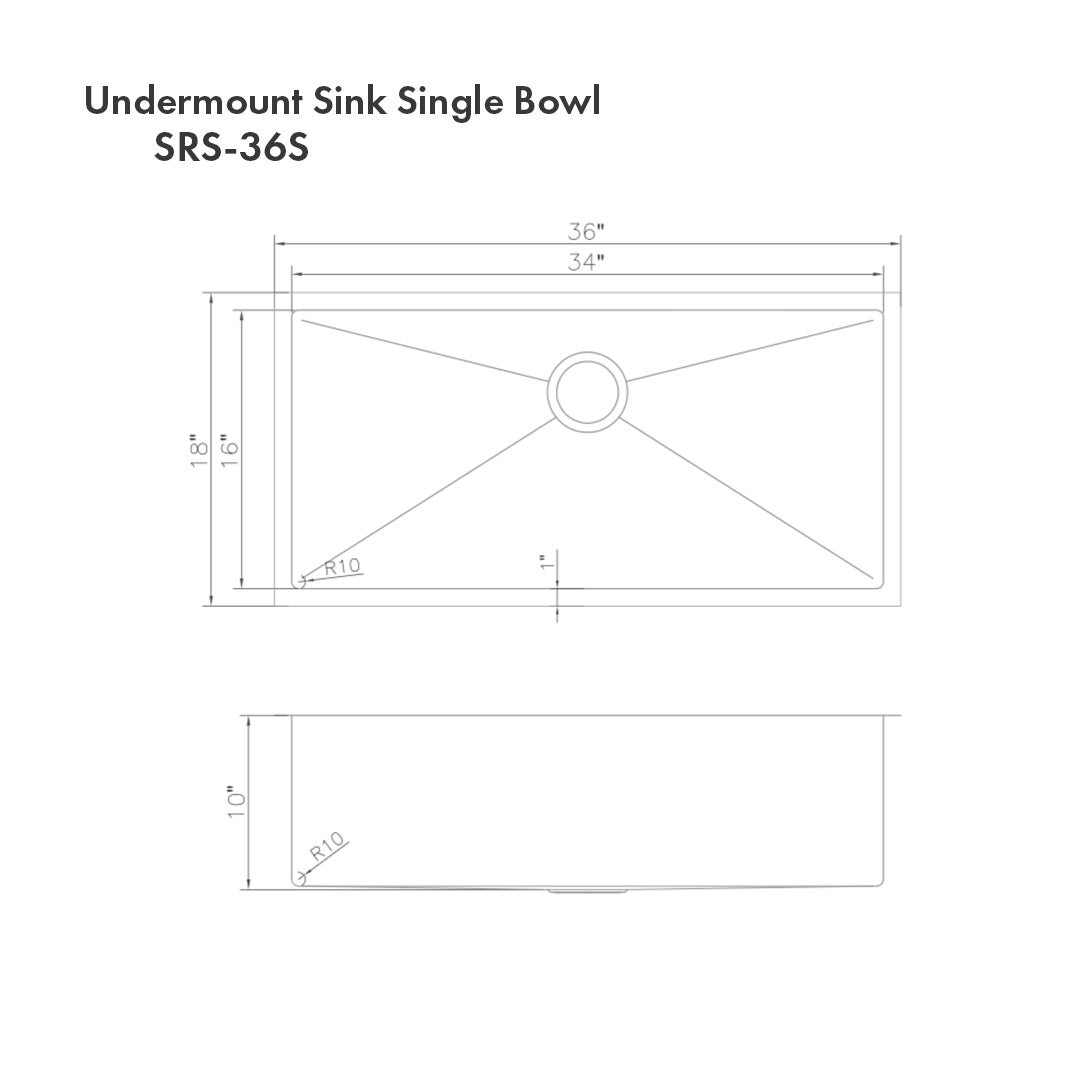 ZLINE Meribel 36 in. Undermount Single Bowl Scratch Resistant Stainless Steel Kitchen Sink with Bottom Grid (SRS-36S) dimensional diagram.