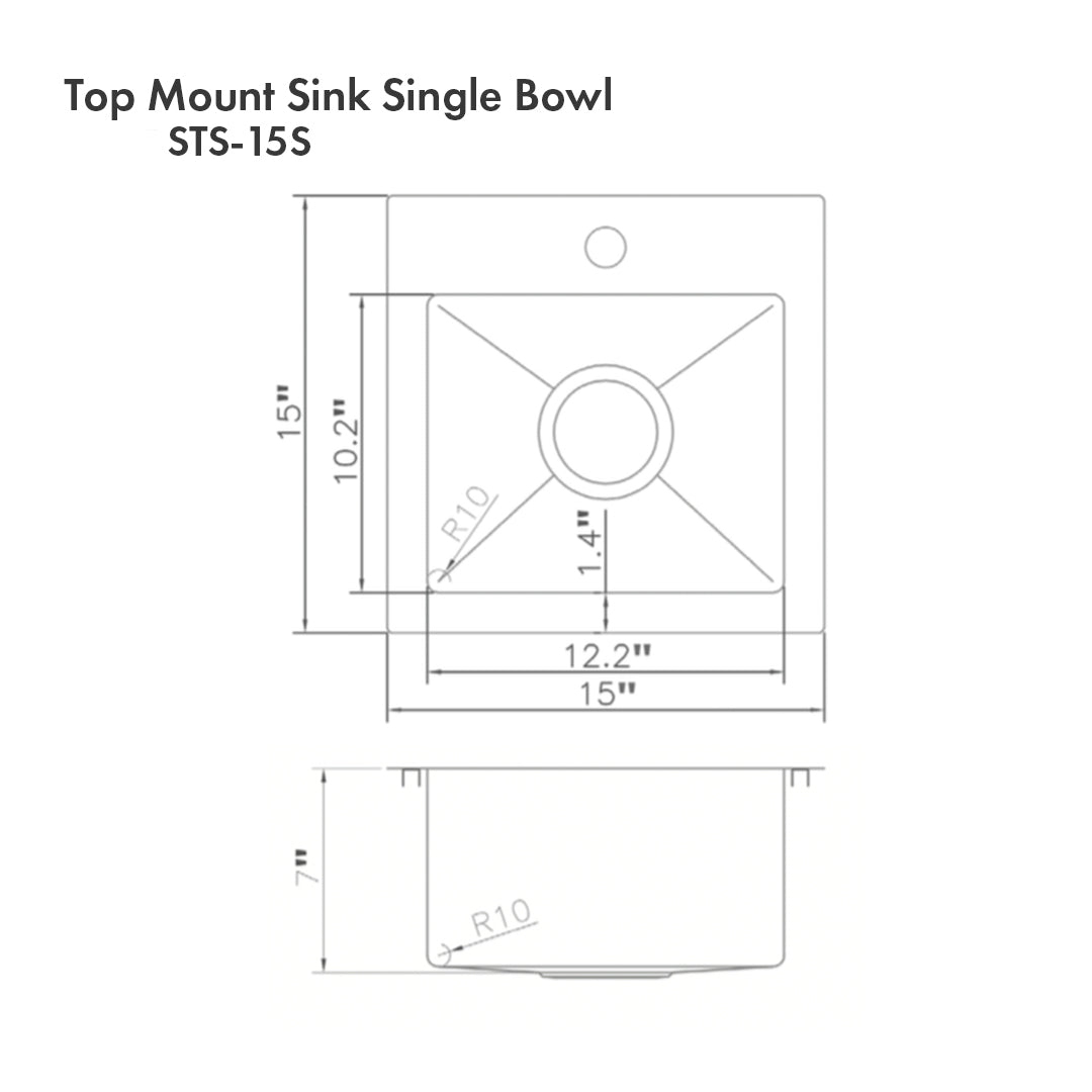 ZLINE Donner 15 in. Topmount Single Bowl Scratch Resistant Stainless Steel Bar Kitchen Sink (STS-15S) dimensional diagram.