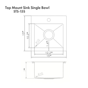 ZLINE Donner 15 in. Topmount Single Bowl Scratch Resistant Stainless Steel Bar Kitchen Sink (STS-15S) dimensional diagram.