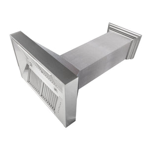 ZLINE Fingerprint Resistant Satin Stainless Steel Range Hood (8654SN) angled under.