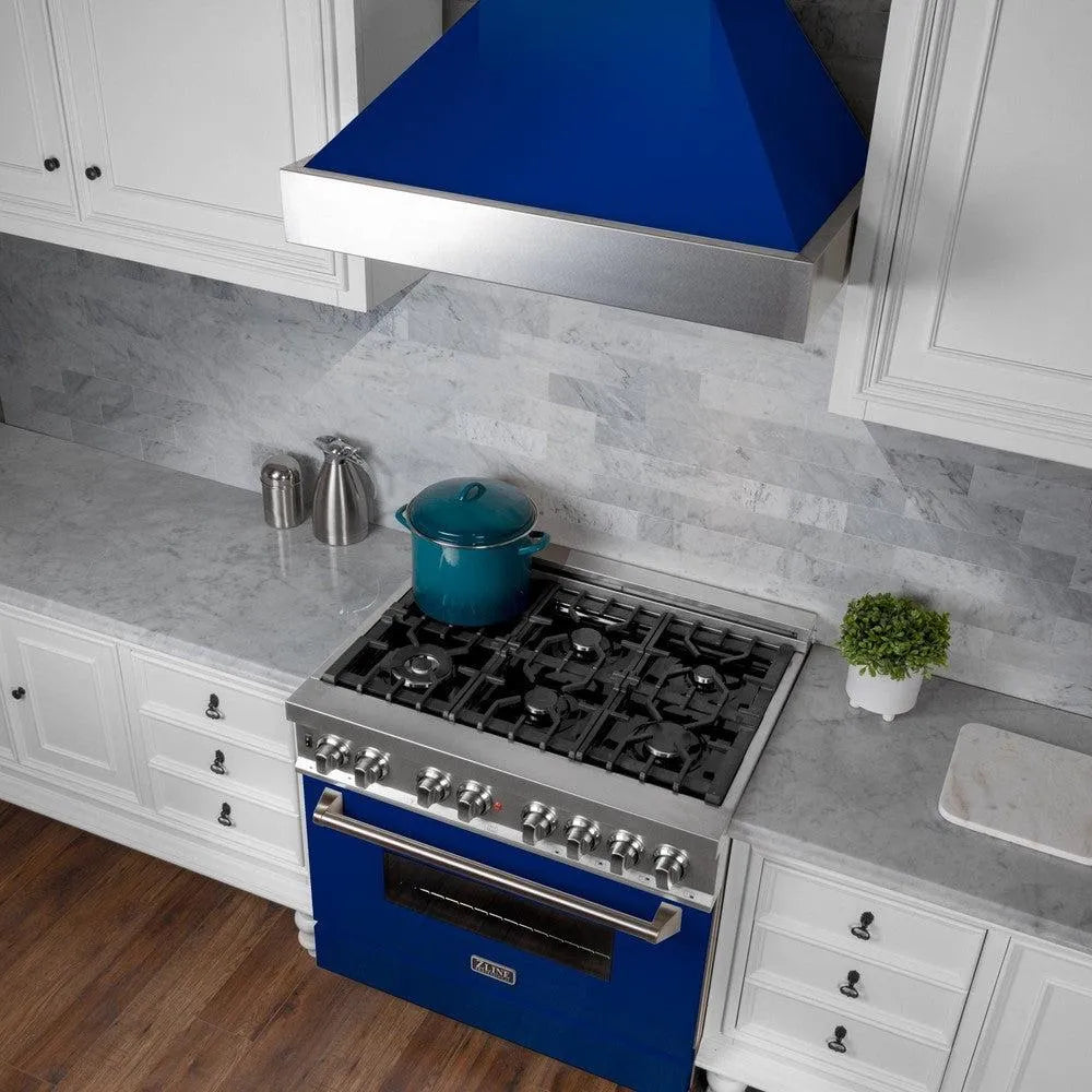 ZLINE 36 in. Ducted Satin Stainless Steel Wall Mount Range Hood with Blue Gloss Shell (8654BG-36)