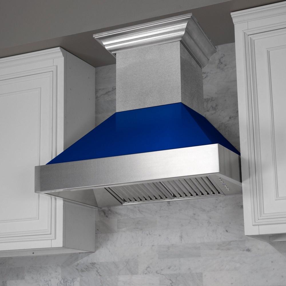 ZLINE 30 in. Ducted Satin Stainless Steel Wall Mount Range Hood with Blue Gloss Shell (8654BG-30)