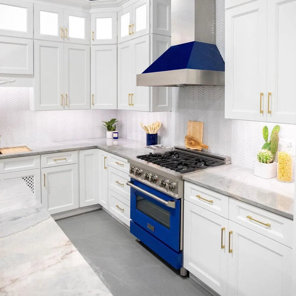 ZLINE 30 in. Ducted Satin Stainless Steel Wall Mount Range Hood with Blue Gloss Shell (8654BG-30)
