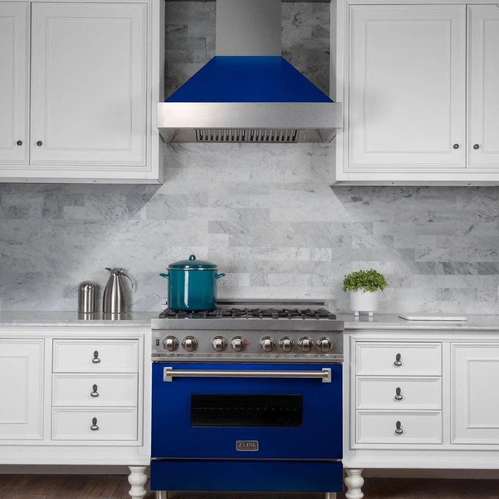 ZLINE 48 in. Ducted Satin Stainless Steel Wall Mount Range Hood with Blue Gloss Shell (8654BG-48)