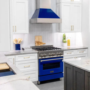 ZLINE 36 in. Ducted Satin Stainless Steel Wall Mount Range Hood with Blue Gloss Shell (8654BG-36)