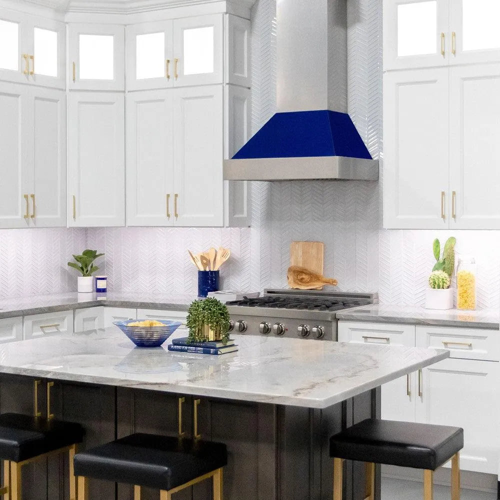 ZLINE 36 in. Ducted Satin Stainless Steel Wall Mount Range Hood with Blue Gloss Shell (8654BG-36)