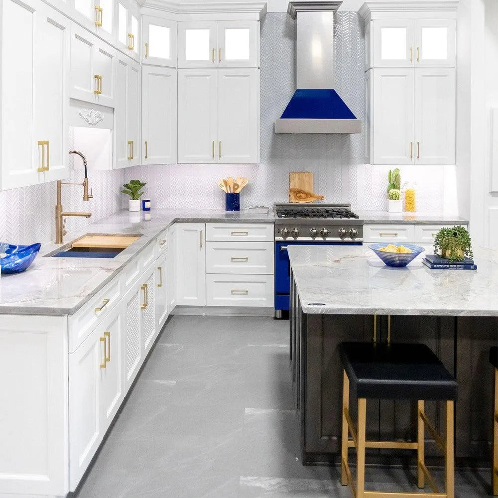 ZLINE 48 in. Ducted Satin Stainless Steel Wall Mount Range Hood with Blue Gloss Shell (8654BG-48)