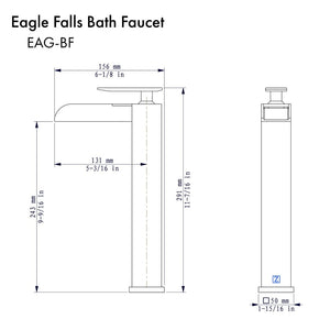 ZLINE Eagle Falls Waterfall Bath Faucet in Matte Black (EAG-BF-MB) dimensional diagram.