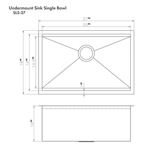 ZLINE Garmisch 27 in. Undermount Single Bowl Scratch Resistant Stainless Steel Kitchen Sink with Bottom Grid and Accessories (SLS-27S) dimensional diagram.